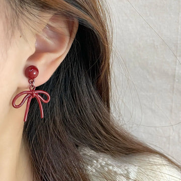 DAIIIBABYYY  -  Ankela Red Ribbon Bow-knot Vintage Stud Earrings for Women Korean Fashion INS Autumn Winter Simple Bow Geometric Earring